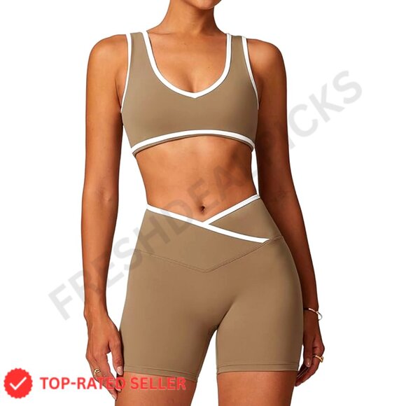 Two Piece Workout Set Color Block Sports Bra Scrunch Butt Lifting Shorts